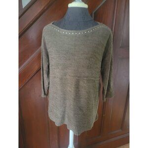 Chicos Brown Studded Knit Sweater Womens Size L Lightweight Pullover